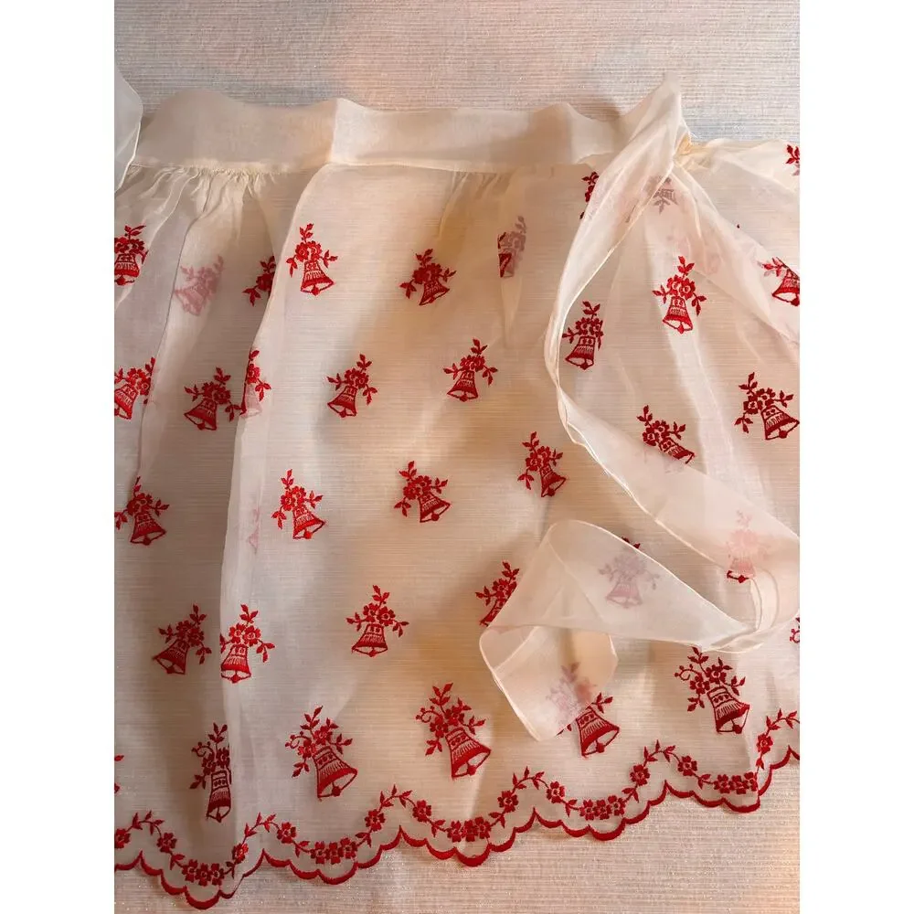 Vintage Christmas 1950s White Red Hostess Half Apron Sheer Housewife ScallopCUTE